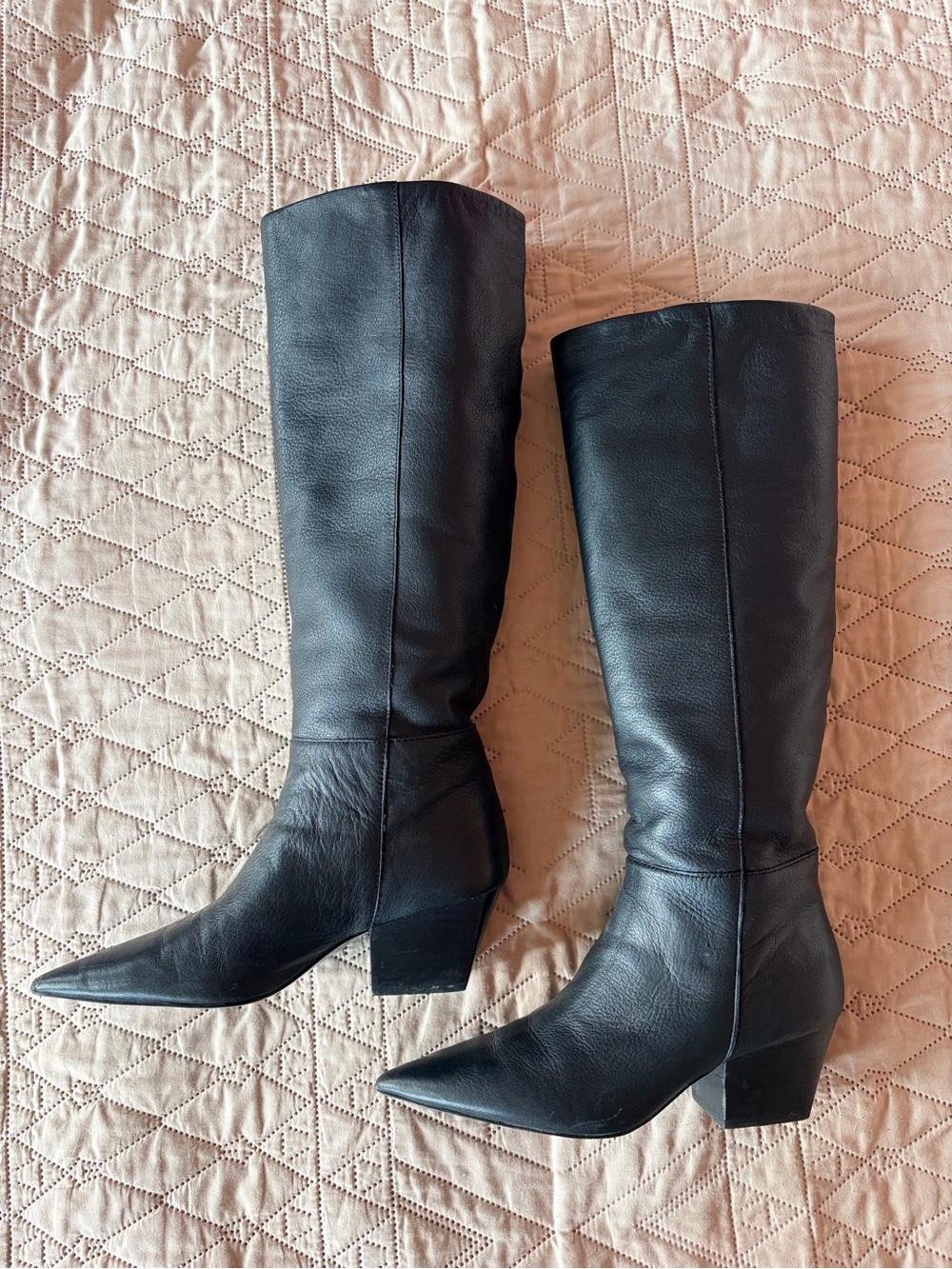 Steve Madden Black Leather Knee-High Pointed Toe Block Heel Boots